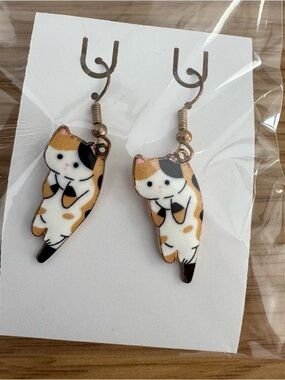 Calico Cat Dangle Earrings - Cute Cat Jewelry (White, Orange, Black)